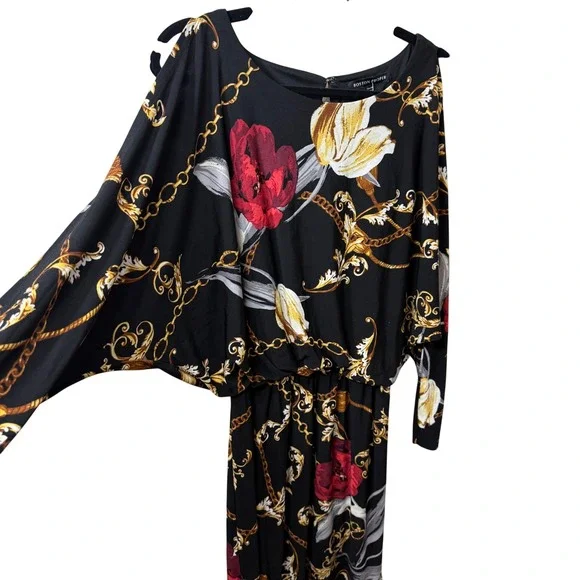 Boston Proper Black Floral Blouson Dress Baroque Chain Print Italian Style Sz M - Picture 4 of 10